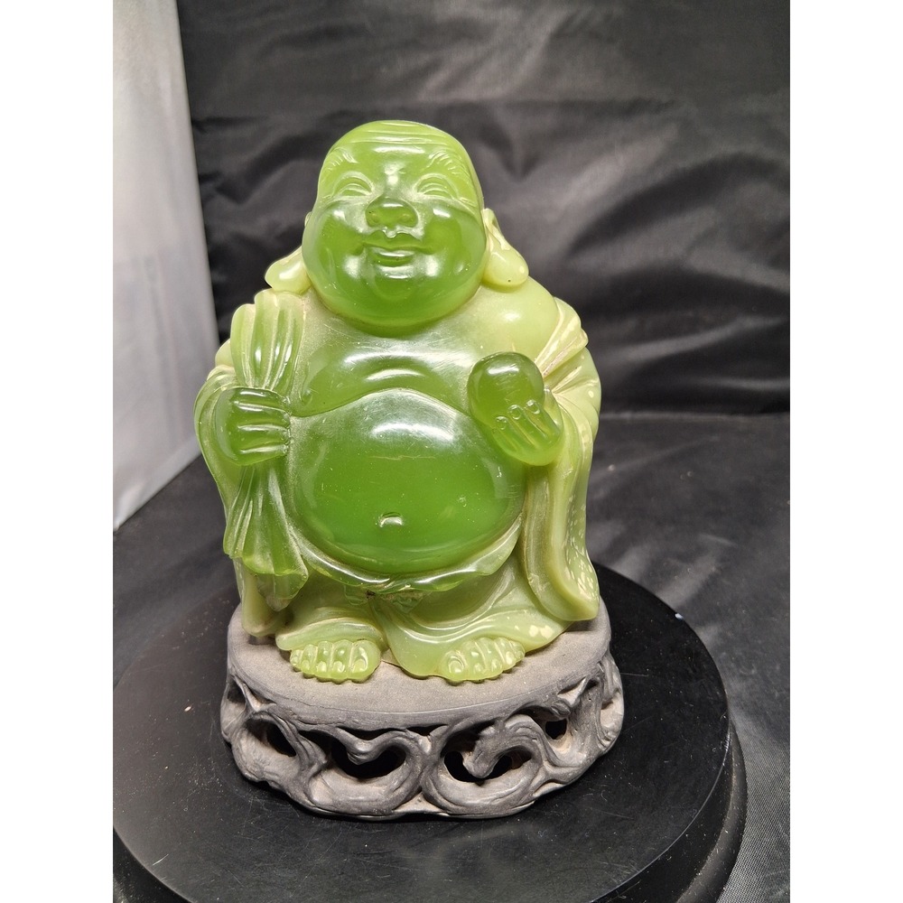 Vintage Green Faux Jade Laughing Buddha Hotei Figurine with Ornate Base 5.5"
